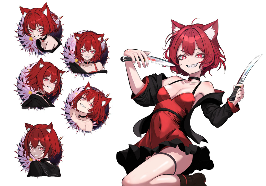 ai-assisted animal_ears black_choker black_jacket breasts cat_ears cat_girl choker dress dual_wielding frilled_dress frills grin highres holding hood hood_down hooded_jacket jacket knife kosame_(rainymoonfox) long_sleeves looking_at_viewer medium_breasts off_shoulder open_clothes open_jacket original red_dress red_eyes red_hair short_dress short_hair sleeveless sleeveless_dress smile