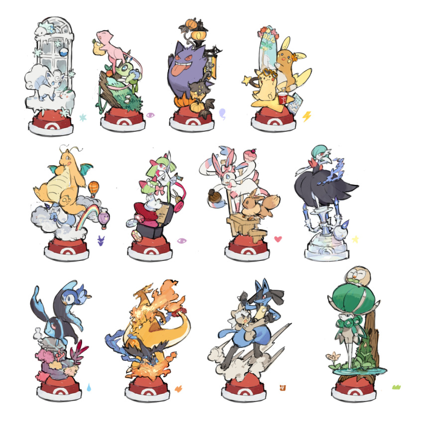 6+others aircraft alolan_raichu alolan_vulpix black_skin blue_eyes blue_fur bow brown_eyes calyrex candle celebi charizard cherry climbing closed_eyes cloud colored_skin colored_text coral dragon dragon_tail dragon_wings dragonite dratini drifloon eevee exeggutor fighting_stance fire fish flame flower flying food fruit gardevoir gem gengar gigantamax gigantamax_charizard grass green_skin grey_gemstone head_wreath heart heart-shaped_eyewear highres holding holding_food holding_fruit hot_air_balloon ice jewelry kirlia kubfu lamppost lightning_bolt_symbol lit_candle litwick log looking_at_another looking_down looking_to_the_side looking_up lucario lumineon mantine mega_charizard_x mega_gardevoir mega_pokemon mew_(pokemon) multiple_others mushroom necklace on_water open_mouth open_smile orange_fur orange_gemstone orange_skin pearl_necklace pikachu pink_bow pink_eyes pink_skin piplup plant pokemon pokemon_(creature) pumpkaboo pumpkin raichu rainbow ralts red_eyes red_gemstone red_ribbon ribbon rowlet scissors smile snom stairs standing standing_on_liquid star_(symbol) starshadowmagician sunglasses surfboard swimming sylveon tail teeth tongue tongue_out upper_teeth_only vines vulpix water white_background white_fur white_skin window wings yellow_fur