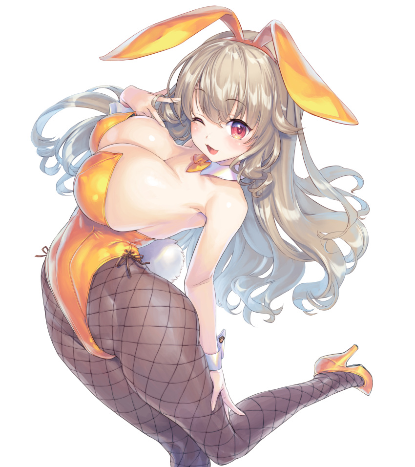 1girl :3 absurdres animal_ears bare_shoulders bow bowtie breasts brown_pantyhose bunny_(vocaloid) bunny_day cleavage covered_navel covered_nipples detached_collar fake_animal_ears fake_tail fishnet_pantyhose fishnets floating_hair from_above hair_between_eyes hand_on_own_thigh high_heels highleg highleg_leotard highres kiyama_satoshi komorebi_wanko large_breasts leaning_back leotard light_brown_hair long_hair looking_at_viewer one_eye_closed open_mouth orange_bow orange_bowtie orange_footwear orange_leotard pantyhose playboy_bunny rabbit_ears rabbit_tail red_eyes simple_background smile solo strapless strapless_leotard tail traditional_bowtie virtual_youtuber white_background wide_hips wrist_cuffs