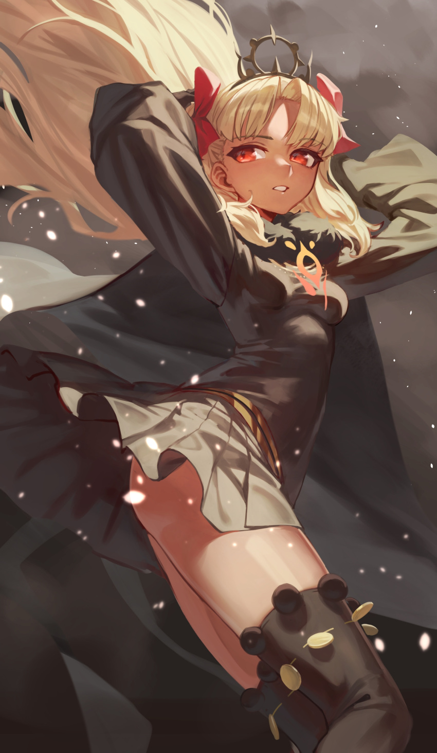 1girl absurdres arms_up black_cape black_dress black_thighhighs blonde_hair breasts cape chorogon commentary_request dark-skinned_female dark_skin dress ereshkigal_(fate) ereshkigal_alter_(fate) fate/grand_order fate_(series) floating_hair fur-trimmed_cape fur_trim hair_ribbon highres long_hair long_sleeves looking_at_viewer looking_away parted_bangs red_eyes red_ribbon ribbon small_breasts solo thighhighs tiara