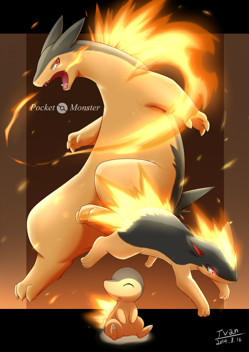 2016 4_fingers absurd_res anthro artist_name barefoot black_bars black_body black_fur claws cyndaquil dated digital_media_(artwork) elemental_manipulation eyes_closed feet feral fingers fire fire_manipulation flaming_hair flaming_mane fur generation_2_pokemon geometric_background glowing group hi_res ivan-jhang light multicolored_body multicolored_fur nintendo open_mouth paws pokemon pokemon_(species) pseudo_hair pseudo_mane quilava red_eyes simple_background sitting sparks standing tan_body tan_fur text toe_claws trio two_tone_body two_tone_fur typhlosion