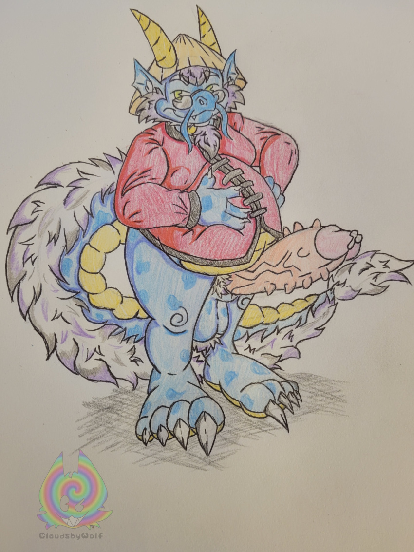 absurd_res anthro balls big_balls cloudshywolf colorpencil dragon genitals hi_res hindpaw huge_balls hyper hyper_balls hyper_genitalia male paws sketch solo