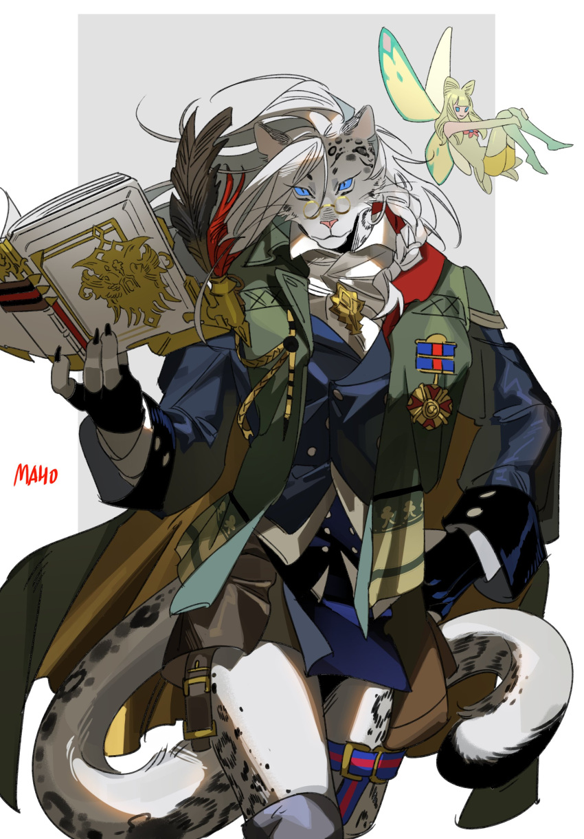 absurd_res anthro biped blue_eyes book clothed clothing duo eos_(ffxiv) fairy felid female final_fantasy final_fantasy_xiv final_fantasy_xiv:_shadowbringers fur hair hi_res holding_book holding_object hrothgar kkron_m mammal pupils scholar_(final_fantasy) slit_pupils square_enix tail white_body white_fur white_hair