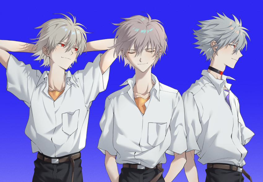 1boy belt black_choker black_pants blue_background blue_shirt brown_belt choker closed_eyes closed_mouth collared_shirt facing_to_the_side facing_viewer grey_hair looking_to_the_side male_focus missing_limb nagisa_kaworu neon_genesis_evangelion orange_shirt pants quwo red_eyes shirt solo white_shirt