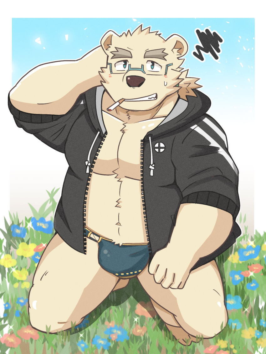 3:4 anthro bear belly blush bulge cigarette cigarette_in_mouth clothing eyewear fur gen2_genki glasses hair hi_res hoodie jacket kneeling leib_(tas) lifewonders male mammal navel object_in_mouth pecs polar_bear ponytail smoking solo speedo swimwear tokyo_afterschool_summoners topwear ursine white_body white_fur