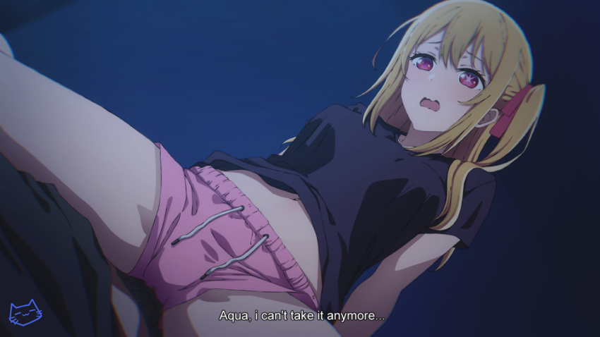 1boy 1girl arm_support black_shirt blonde_hair brother_and_sister cameltoe dutch_angle english_commentary english_text engrish_text hair_between_eyes hoshino_aquamarine hoshino_ruby incest keihh long_hair midriff_peek mismatched_pupils navel no_pupils one_side_up open_mouth oshi_no_ko pink_eyes pink_shorts ranguage shirt short_sleeves shorts siblings sidelocks spread_legs star-shaped_pupils star_(symbol) symbol-shaped_pupils twincest twins wavy_mouth