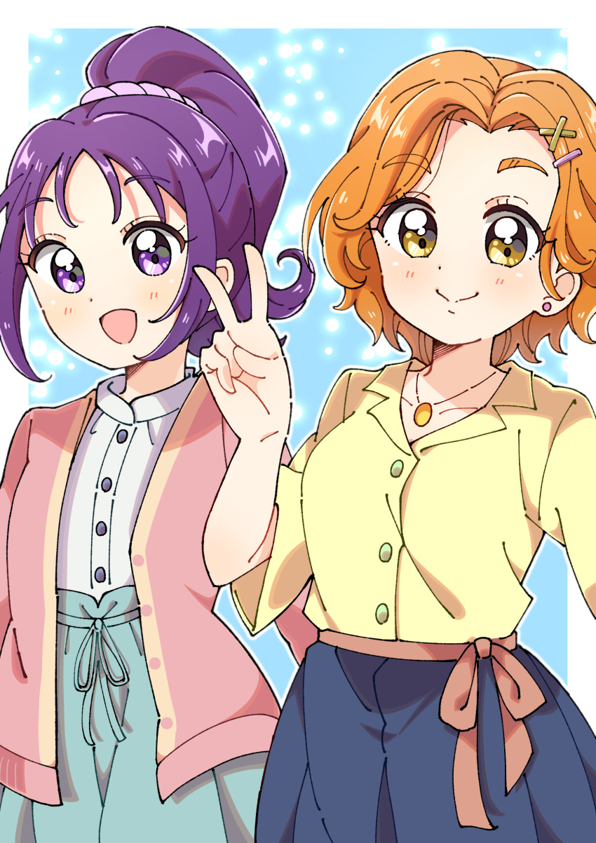 2girls aya_913193 blue_pants brown_eyes brown_sash cardigan closed_mouth collared_shirt commentary earrings futari_wa_precure_splash_star green_skirt hair_ornament hair_scrunchie high-waist_skirt highres hyuuga_saki jewelry kibou_no_chikara_~otona_precure_'23~ looking_at_viewer medium_hair mishou_mai multiple_girls necklace open_mouth orange_hair pants pink_cardigan ponytail precure purple_eyes purple_hair purple_scrunchie scrunchie shirt short_hair short_sleeves side-by-side skirt smile standing stud_earrings white_shirt yellow_shirt