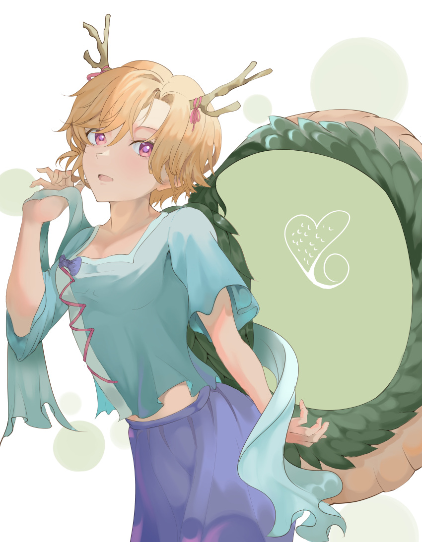 1girl :d absurdres adapted_costume antlers blonde_hair blue_shirt blue_skirt breasts commentary dragon_horns dragon_tail english_commentary faceless7078 grey_background hair_between_eyes hand_up heart highres horn_ornament horn_ribbon horns kicchou_yachie leaning_forward light_blush looking_at_viewer medium_breasts midriff open_mouth parted_bangs pink_eyes pink_ribbon ribbon shawl shirt short_sleeves simple_background skirt smile solo tail touhou turtle_shell