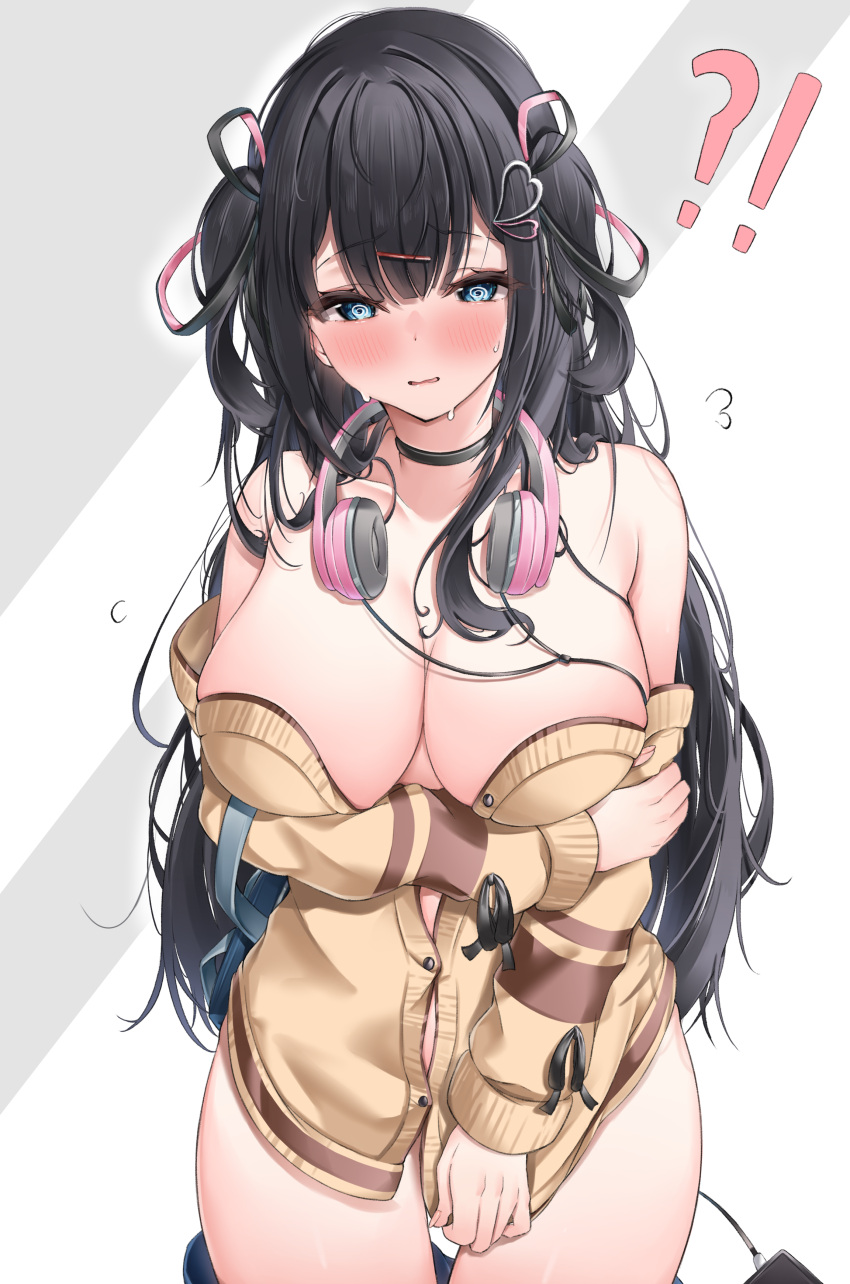 1girl absurdres black_choker black_hair blue_eyes blush breasts choker cleavage covering covering_crotch hair_ornament hairclip headphones headphones_around_neck highres large_breasts long_hair looking_at_viewer nekoya_minamo no_bra no_panties off_shoulder original simple_background solo sweater sweater_vest undressing white_background yellow_sweater