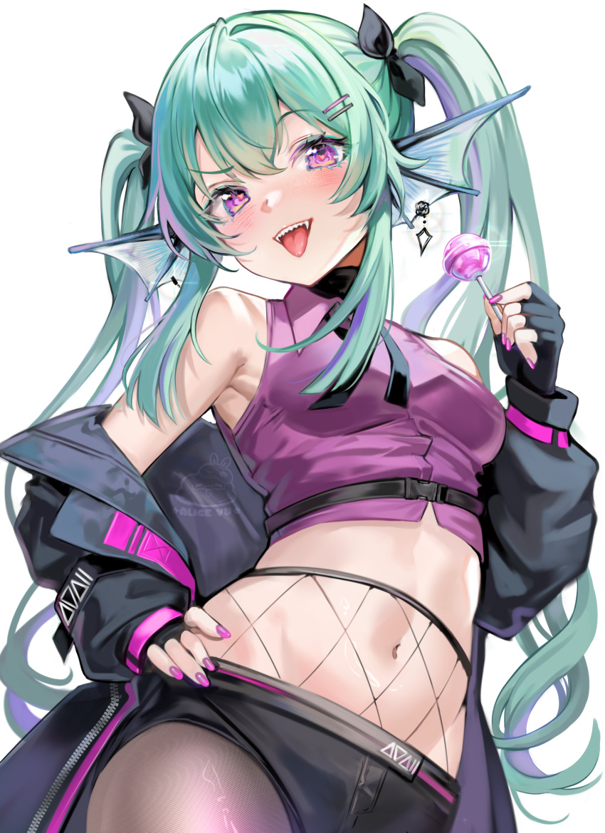 1girl alice_vu armpits belt black_belt black_bow black_gloves black_jacket black_neckerchief black_pants blush bow breasts candy collared_shirt fangs finana_ryugu fingerless_gloves fish_girl fishnets food gloves green_hair hair_ornament hairclip head_fins high-waist_pants highres jacket lollipop long_hair looking_at_viewer midriff nail_polish navel neckerchief nijisanji nijisanji_en official_alternate_costume open_mouth pants purple_eyes purple_nails purple_shirt sharp_teeth shirt signature sleeveless small_breasts smile solo teeth tongue tongue_out twintails virtual_youtuber white_background