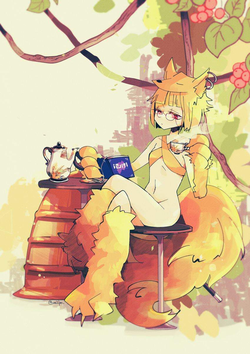1girl absurdres animal_feet animal_hands bell berry bespectacled blonde_hair blunt_bangs bob_cut book bottomless bra closed_mouth commentary_request crossed_legs cup expressionless flat_chest fox_girl fox_hat fox_tail full_body glasses highres holding holding_book holding_cup medium_bangs moonlight_flower navel pince-nez ragnarok_online reading red_eyes rimless_eyewear short_hair sitting solo steam stool table tail teacup teapot tree underwear yellow_bra yellow_fur zibal
