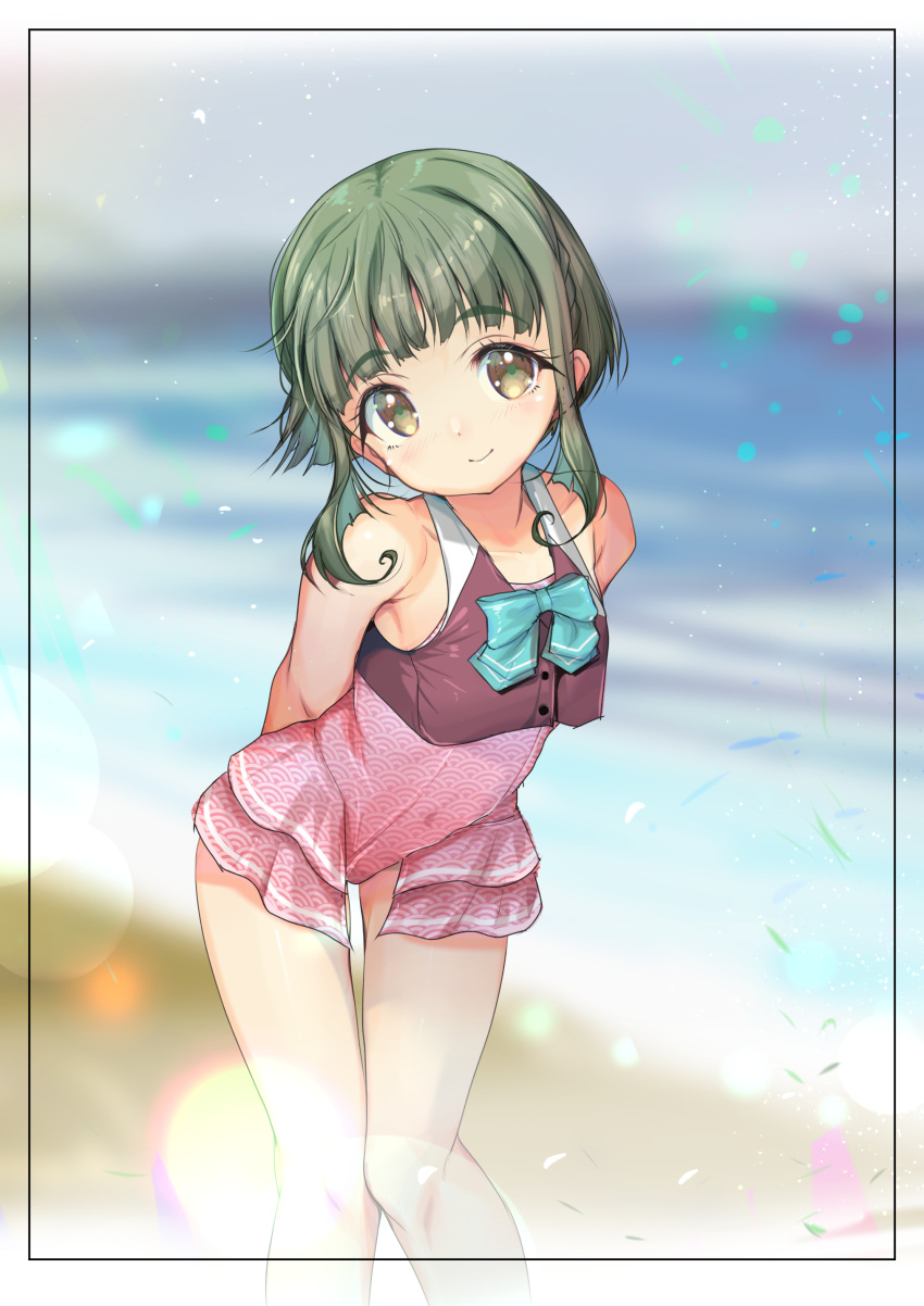 1girl absurdres adapted_costume aqua_bow aqua_bowtie beach blunt_bangs bow bowtie brown_eyes casual_one-piece_swimsuit cowboy_shot crop_top feet_out_of_frame green_hair highres kantai_collection knees_together_feet_apart leaning_forward ocean one-piece_swimsuit outdoors pink_one-piece_swimsuit short_hair_with_long_locks smile solo swimsuit swimsuit_skirt takanami_(kancolle) yashin_(yasinz)