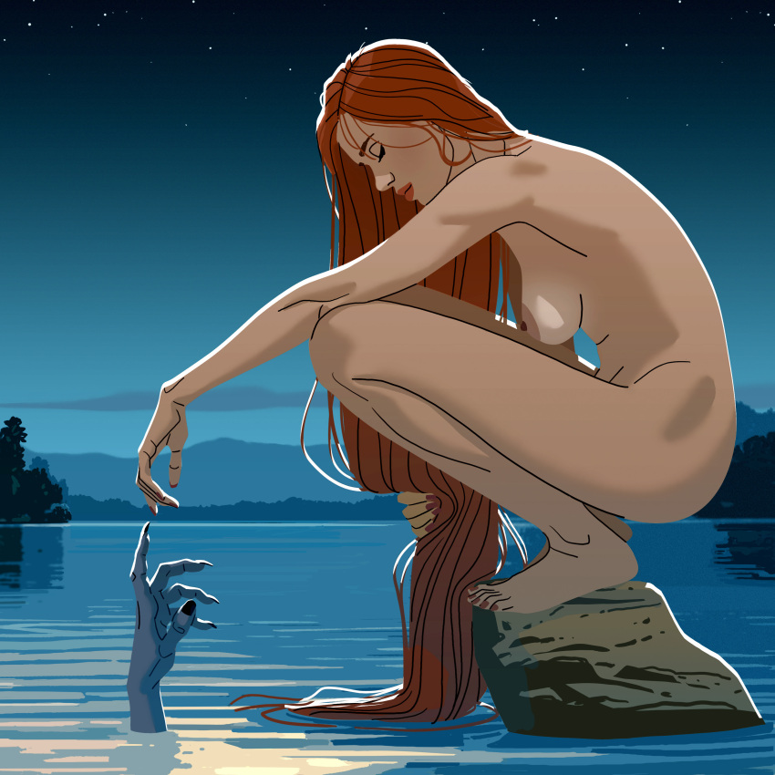 1girl 1other absurdres breasts closed_eyes commentary completely_nude dusk english_commentary from_side gabriele_pennacchioli highres landscape long_hair night nipples nude original outdoors red_hair rock scenery sideboob sky squatting star_(sky) starry_sky submerged water