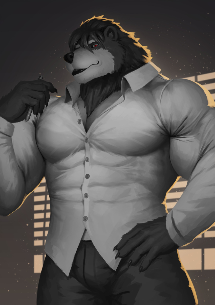 absurd_res anthro bear black_lips bottomwear clothed clothing dress_shirt earthist fully_clothed greyscale hi_res lips looking_at_viewer male mammal monochrome muscular muscular_anthro muscular_male pants pen red_eyes shirt solo standing tight_clothing tight_shirt tight_topwear topwear