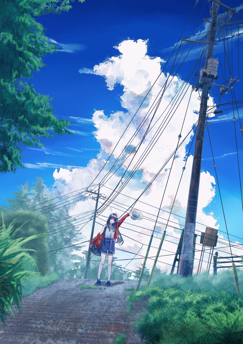 1girl absurdres arm_up blue_shorts blue_sky cloud cumulonimbus_cloud day grass hat highres holding holding_clothes holding_hat jacket kumagaya_nono long_hair looking_at_viewer original outdoors power_lines railing red_jacket rural scenery shirt shorts sky smile solo stairs standing summer tree utility_pole waving white_headwear white_shirt