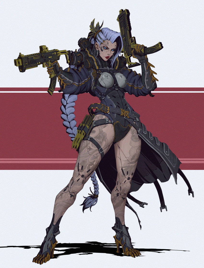 1girl absurdres android belt black_belt black_sclera blue_eyes braid braided_ponytail chest_harness clawed_boots colored_sclera dual_wielding earrings full_body gun harness high_heels highres holding holding_gun holding_weapon hoop_earrings jewelry knife lee_kimsan leg_tattoo leotard mechanical_arms o-ring o-ring_harness original purple_hair red_lips single_braid solo tattoo thigh_belt thigh_strap weapon