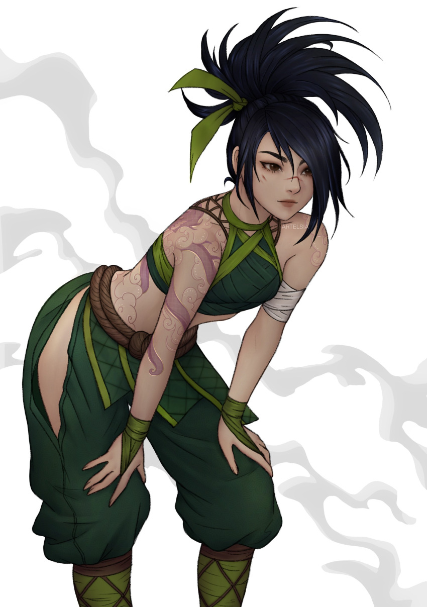 1girl absurdres akali artelsia back_tattoo bare_shoulders black_hair breasts brown_eyes closed_mouth crop_top green_pants hands_on_own_knees highres hip_vent league_of_legends leaning_forward lips ninja pants ponytail rope_belt scar scar_on_face scar_on_nose scratches shoulder_tattoo small_breasts solo tattoo