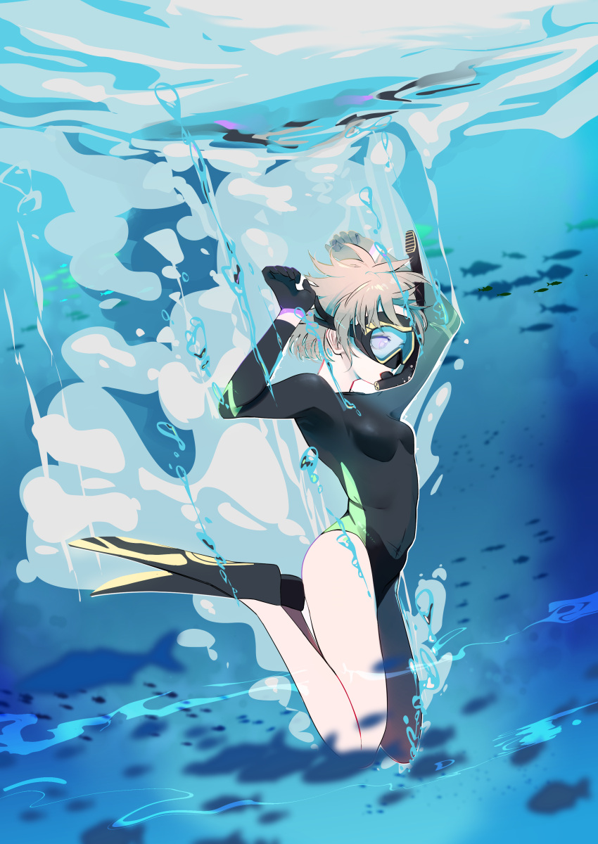 1girl absurdres air_bubble bodysuit bubble diving diving_mask diving_suit flippers gloves goggles highres leotard original satanaka_kuroha skin_tight snorkel snorkel_in_mouth snorkel_mask swimsuit underwater wetsuit