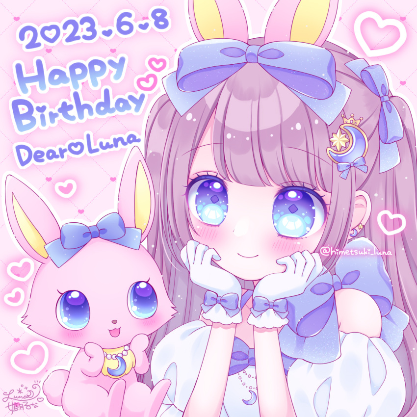 1girl :d animal_ears bare_shoulders blue_bow blue_eyes blush bow brown_hair closed_mouth commentary_request crescent dated dress ear_piercing gloves hair_bow hands_up happy_birthday heart highres himetsuki_luna jewelpet_(series) long_hair luna_(jewelpet) off-shoulder_dress off_shoulder piercing pink_background puffy_short_sleeves puffy_sleeves rabbit_ears sanrio short_sleeves smile star_(symbol) twitter_username two_side_up white_dress white_gloves