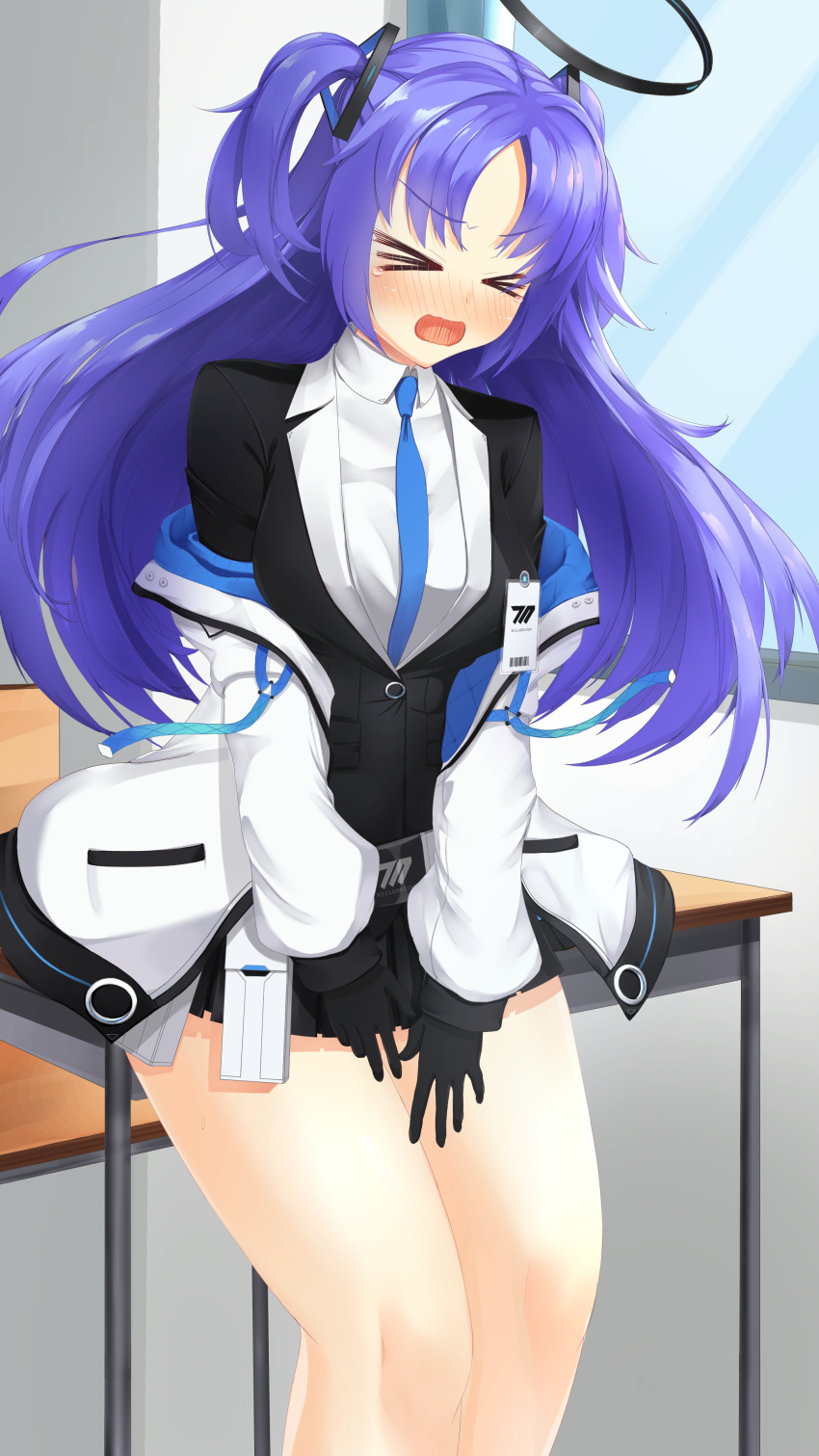 &gt;_&lt; 1girl absurdres black_gloves black_halo black_skirt blue_archive blue_hair blue_necktie blush commentary_request cosplay covering covering_crotch cowboy_shot day dress_shirt embarrassed floating_hair gloves halo highres id_card indoors jacket kohibari_kurumi long_hair long_sleeves miniskirt necktie nose_blush off_shoulder open_clothes open_jacket open_mouth parted_bangs pleated_skirt reiji_tsukimi shirt skirt solo standing tearing_up tears tenshi_souzou thighs two_side_up v-shaped_eyebrows wavy_mouth white_jacket white_shirt yuuka_(blue_archive) yuuka_(blue_archive)_(cosplay)