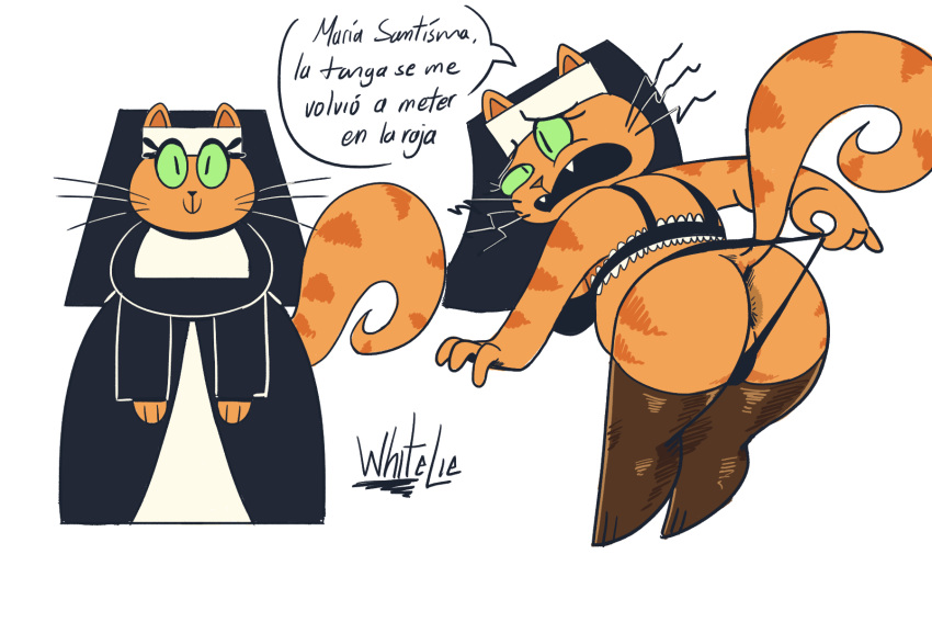 anthro anus anus_peek big_breasts big_butt breasts butt clothing dialogue domestic_cat felid feline felis female fur green_eyes hi_res mammal nun nun_habit nun_outfit orange_body orange_fur solo spanish_text text toony underwear white_lie