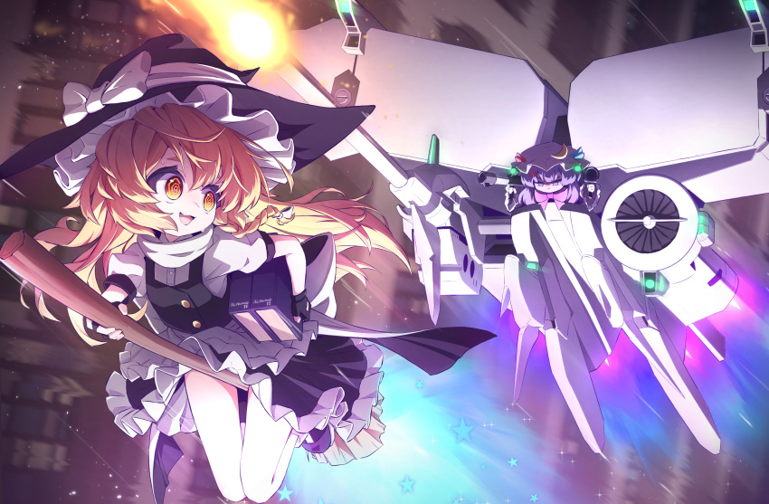 2girls @_@ blonde_hair braid broom broom_riding dendrobium_schema gundam gundam_0083 hat highres kirisame_marisa long_hair looking_at_another looking_back mecha mr.turtle_head multiple_girls patchouli_knowledge purple_eyes purple_hair robot touhou witch_hat yellow_eyes