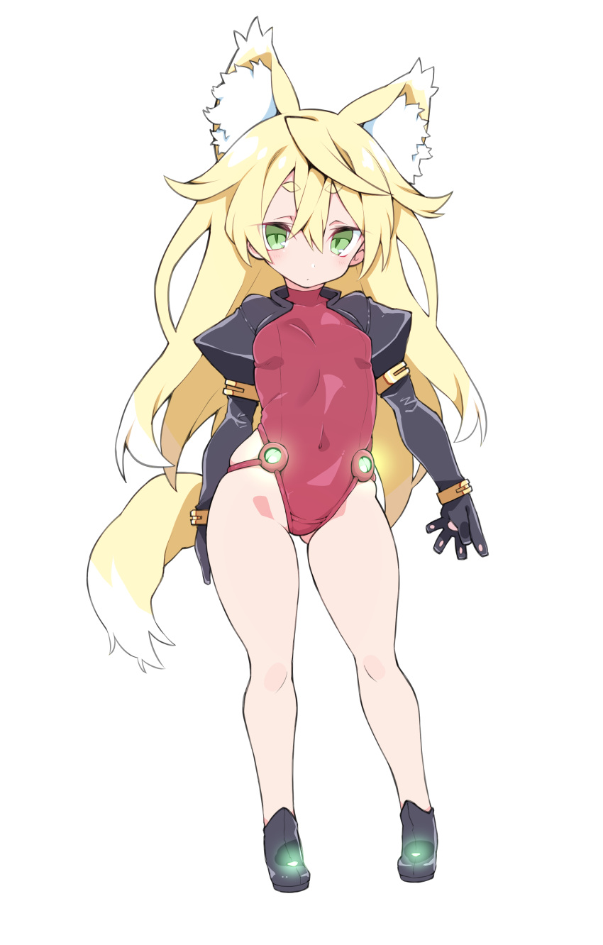 1girl absurdres animal_ear_fluff animal_ears bad_id bad_pixiv_id bare_legs black_footwear black_gloves blonde_hair blush breasts expressionless fox_ears fox_girl fox_tail full_body gloves green_eyes hair_between_eyes highleg highleg_leotard highres kz_oji leotard long_hair looking_at_viewer original red_leotard short_eyebrows shrug_(clothing) simple_background small_breasts solo tail very_long_hair white_background