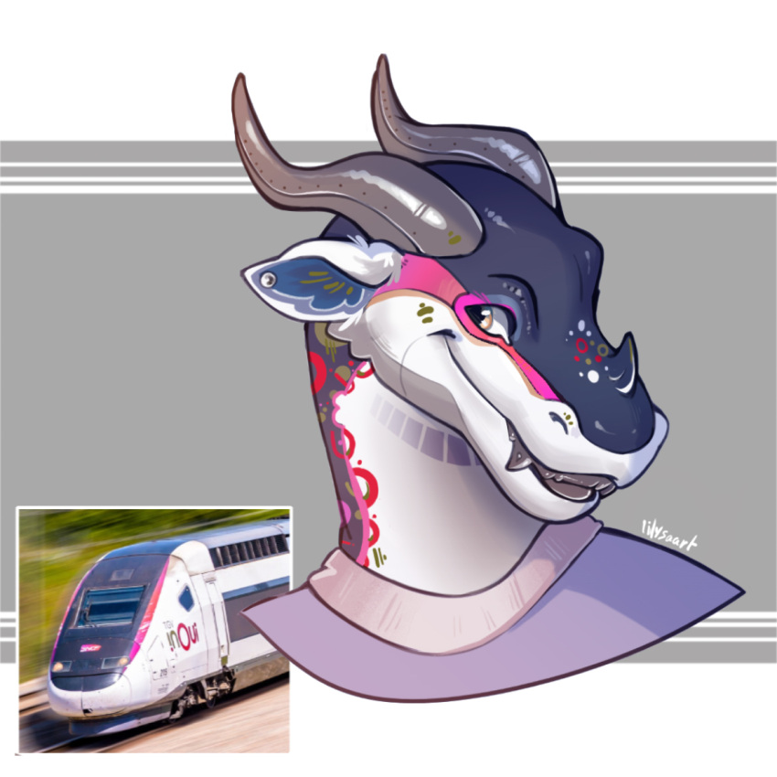 2023 2_horns alstom alstom_avelia_"euroduplex" amber_eyes anthro belly bullet_train bust_portrait clothing countershade_face countershade_neck countershade_scales countershading digital_drawing_(artwork) digital_media_(artwork) dragon ear_piercing electric_locomotive fangs female france french grey_background grey_body grey_horn grey_markings grey_scales grey_spikes grey_teeth grin horn how_to_dragon_your_train hybrid inner_ear_fluff jewelry light_body light_countershading lilysaart living_machine living_train living_vehicle locomorph locomotive machine markings meme metallic_body multicolored_body multicolored_scales nose_spike photo piercing pink_body pink_markings pink_scales pink_stripes pinstripes portrait purple_clothing purple_sweater purple_topwear red_body red_markings red_scales reference_image reptile rivets scale_markings scales scalie signature silver_(metal) silver_jewelry simple_background smile smooth_horn sncf solo stripes stud_piercing sweater teeth topwear train tuft two_tone_body vehicle wavy_horn white_background white_belly white_body white_countershading white_scales