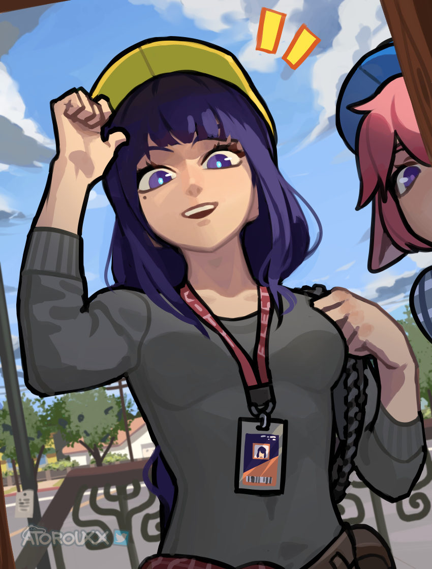 2girls :d absurdres adjusting_clothes adjusting_headwear atoroux blue_sky blunt_bangs breasts cloud genshin_impact grey_shirt hat highres id_card long_hair looking_at_viewer mole mole_under_eye multiple_girls pink_hair purple_eyes purple_hair raiden_shogun shirt sky smile yae_miko