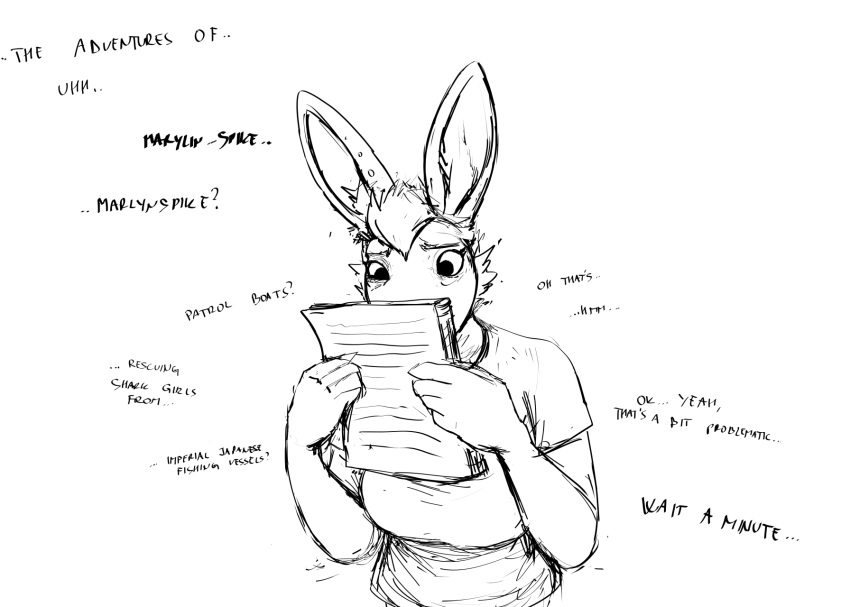 2023 anthro black_and_white dialogue english_text female hi_res hladilnik lagomorph leporid mammal monochrome pro_bun_(hladilnik) rabbit reading sketch solo text