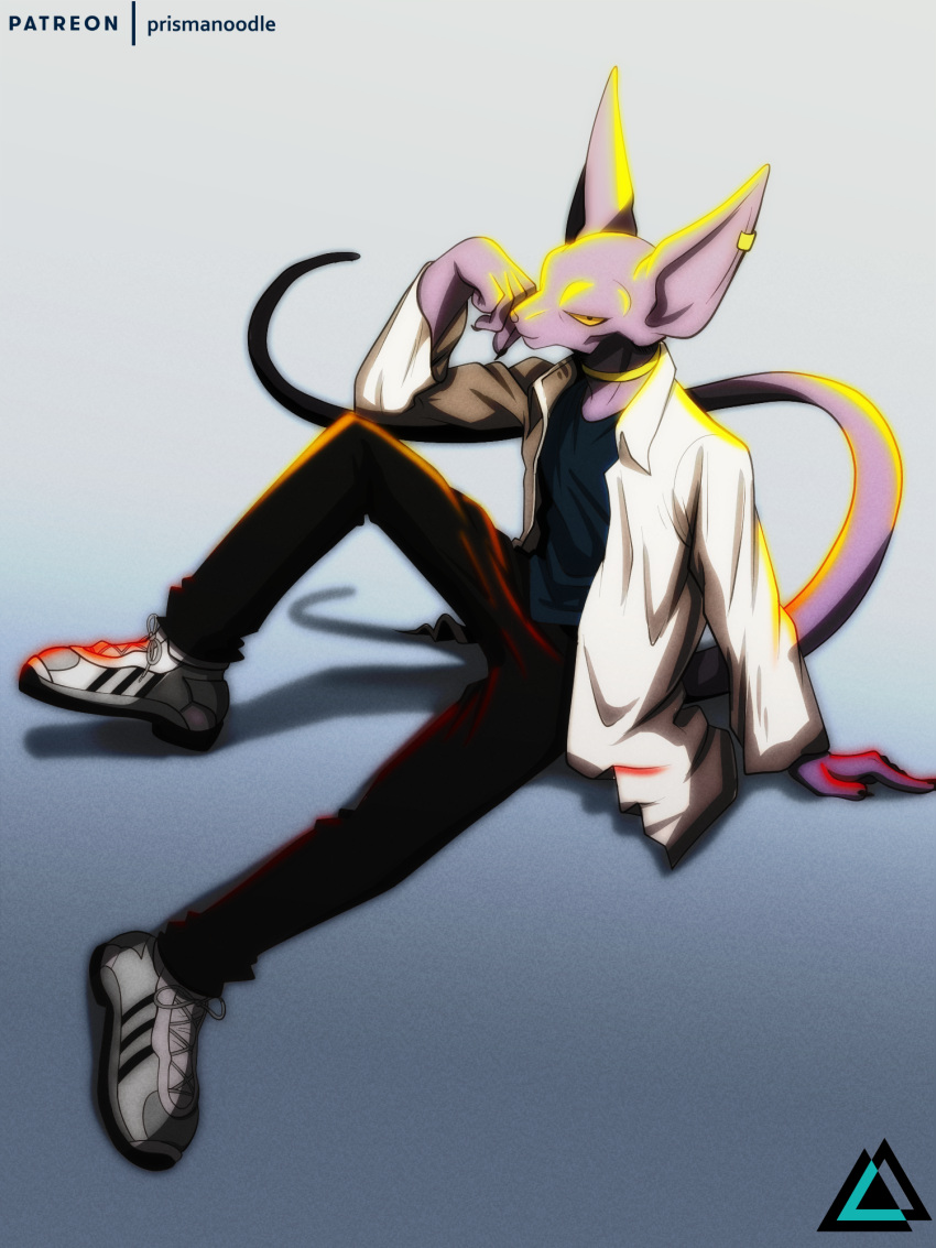 anthro beerus bottomwear clothed clothing domestic_cat dragon_ball dragon_ball_super ear_piercing ear_ring felid feline felis footwear gold_(metal) gold_jewelry hairless hairless_cat hi_res jewelry male mammal open_mouth pants piercing prismanoodle_(artist) purple_body ring_piercing shirt shoes simple_background smile smiling_at_viewer solo sphynx_(cat) topwear yellow_eyes yellow_sclera