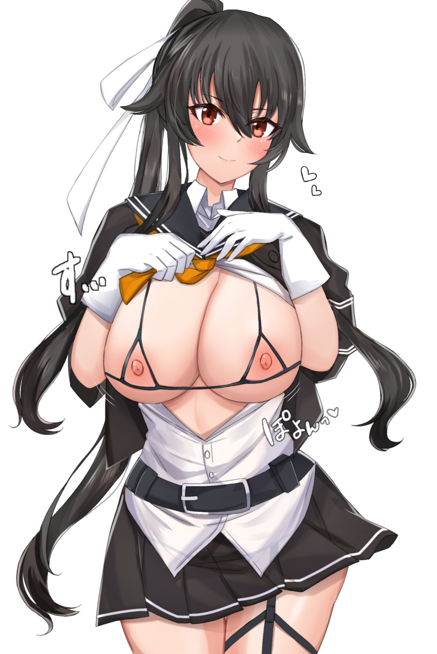 1girl alternate_breast_size belt belt_buckle bikini black_belt black_bikini black_hair black_sailor_collar breasts breasts_out buckle closed_mouth collared_shirt commentary_request commission cowboy_shot cupless_bikini garter_straps gloves hair_between_eyes hair_ribbon hands_up heart highres kantai_collection large_breasts long_hair looking_at_viewer neckerchief nipples open_mouth orange_neckerchief partial_commentary partially_unbuttoned pleated_skirt ponytail red_eyes ribbon sailor_collar school_uniform serafuku shirt short_sleeves single_garter_strap skeb_commission skirt smile solo string_bikini swimsuit toshimasa_(ztvy3575) variant_set very_long_hair white_background white_gloves white_ribbon white_shirt yahagi_(kancolle) yahagi_kai_ni_(kancolle)