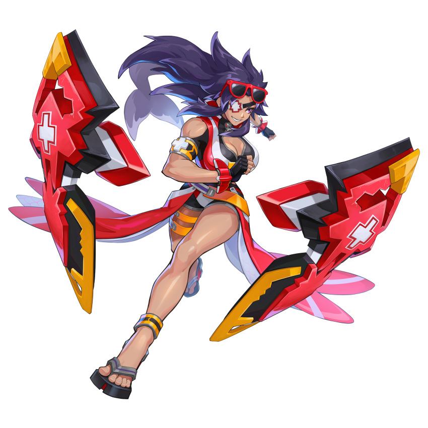 1girl armband artist_request asher_(omega_strikers) blue_hair bracelet breasts cleavage dark_blue_hair eyewear_on_head fingerless_gloves floating floating_object gloves highres jewelry legband non-web_source official_art omega_strikers one-piece_swimsuit parted_lips running sandals shield smile solo swimsuit waist_cape