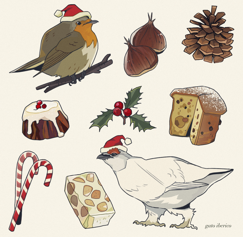 animal animal_focus animal_request artist_name bird candy candy_cane chestnut christmas clothed_animal commentary english_commentary food fruitcake gatoiberico grey_background hat highres mistletoe no_humans original pinecone red_headwear santa_hat simple_background