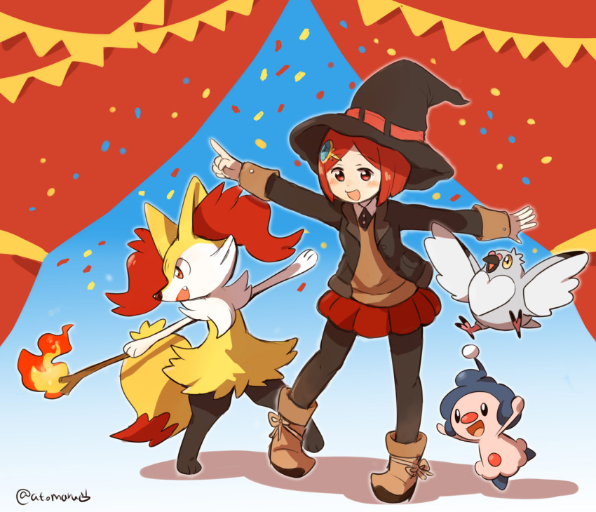 1girl atomaru black_pantyhose blush boots braixen brown_footwear brown_jacket brown_sweater_vest collared_shirt confetti crossover danganronpa_(series) danganronpa_v3:_killing_harmony dot_nose hat highres holding holding_stick index_finger_raised jacket long_sleeves mime_jr. miniskirt pantyhose pidove pokemon red_curtains red_eyes red_hair red_skirt shirt skirt stage_curtains stick string_of_flags sweater_vest twitter_username witch_hat yumeno_himiko