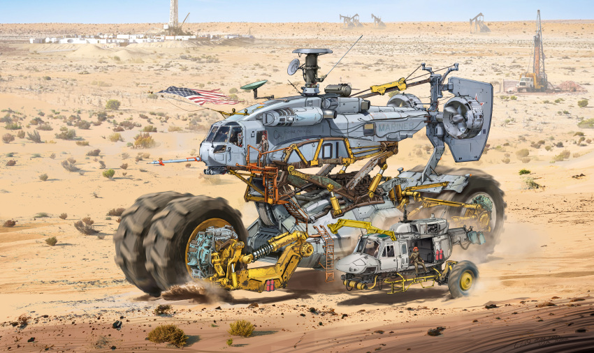 3others absurdres aircraft ambiguous_gender american_flag ch-53 chenlongque commentary day desert dust_cloud english_commentary english_text green_jumpsuit helicopter highres horizon jumpsuit military military_vehicle motion_blur motor_vehicle multiple_others oil_well original outdoors sand satellite_dish science_fiction signature sitting standing truck uh-1_iroquois vehicle_focus