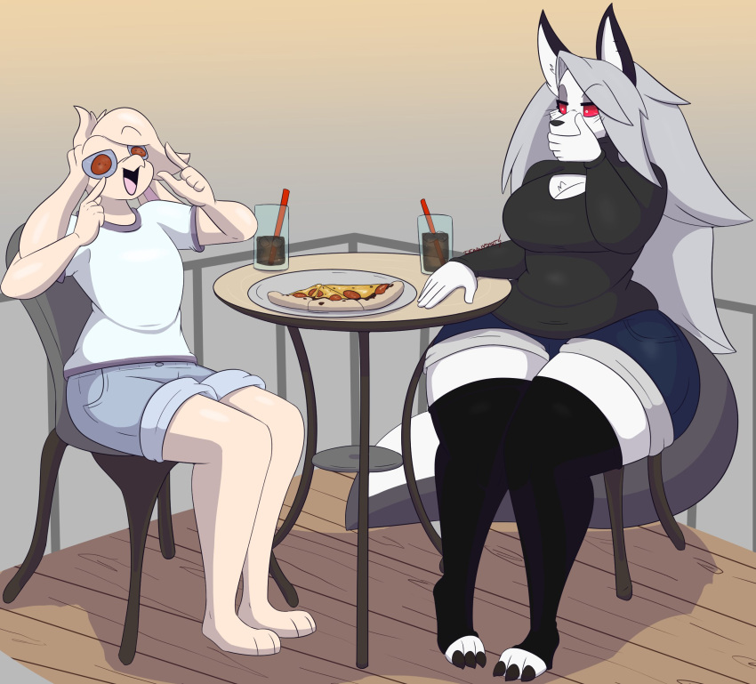 2022 3_toes 5_fingers anthro barefoot big_breasts black_clothing black_legwear black_shirt black_stockings black_thigh_highs black_topwear blue_bottomwear blue_clothing blue_shorts bottomwear bovid breasts canid canid_demon caprine chair claws cleavage cleavage_cutout clothed clothing container covering covering_mouth cup demon dewwydarts drinking_glass duo feet female fingers fluffy fluffy_tail food fur furniture glass glass_container glass_cup goat grey_hair hair hellhound helluva_boss hi_res legwear long_hair loona_(helluva_boss) male mammal nicholas_(gamergoatnick) open_mouth pizza pizza_slice red_sclera shirt shorts sitting stockings straw table tail tan_body tan_fur tan_hair thick_thighs thigh_highs toe_claws toeless_legwear toeless_stockings toeless_thigh_highs toes topwear white_body white_clothing white_eyes white_fur white_shirt white_topwear wide_hips