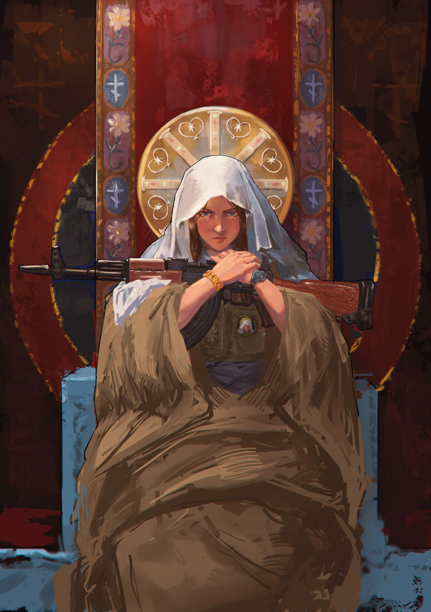 1girl akm assault_rifle blue_eyes brown_hair christianity fine_art_parody gun highres hood hood_up kalashnikov_rifle looking_at_viewer parody real_life rifle serious sitting sketch solo throne van_duck_iii virgin_mary weapon white_hood