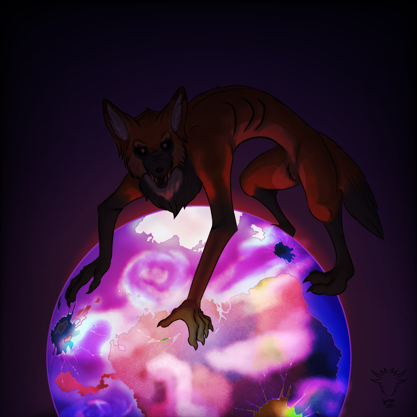 1:1 2023 anthro blood blood_in_mouth bodily_fluids canid canine canis curse cursed digital_drawing_(artwork) digital_media_(artwork) fangs fur guispe_opockjha hi_res hyper looking_at_viewer macro magic mammal maned_wolf planet planet_destruction scary shaded solo teeth