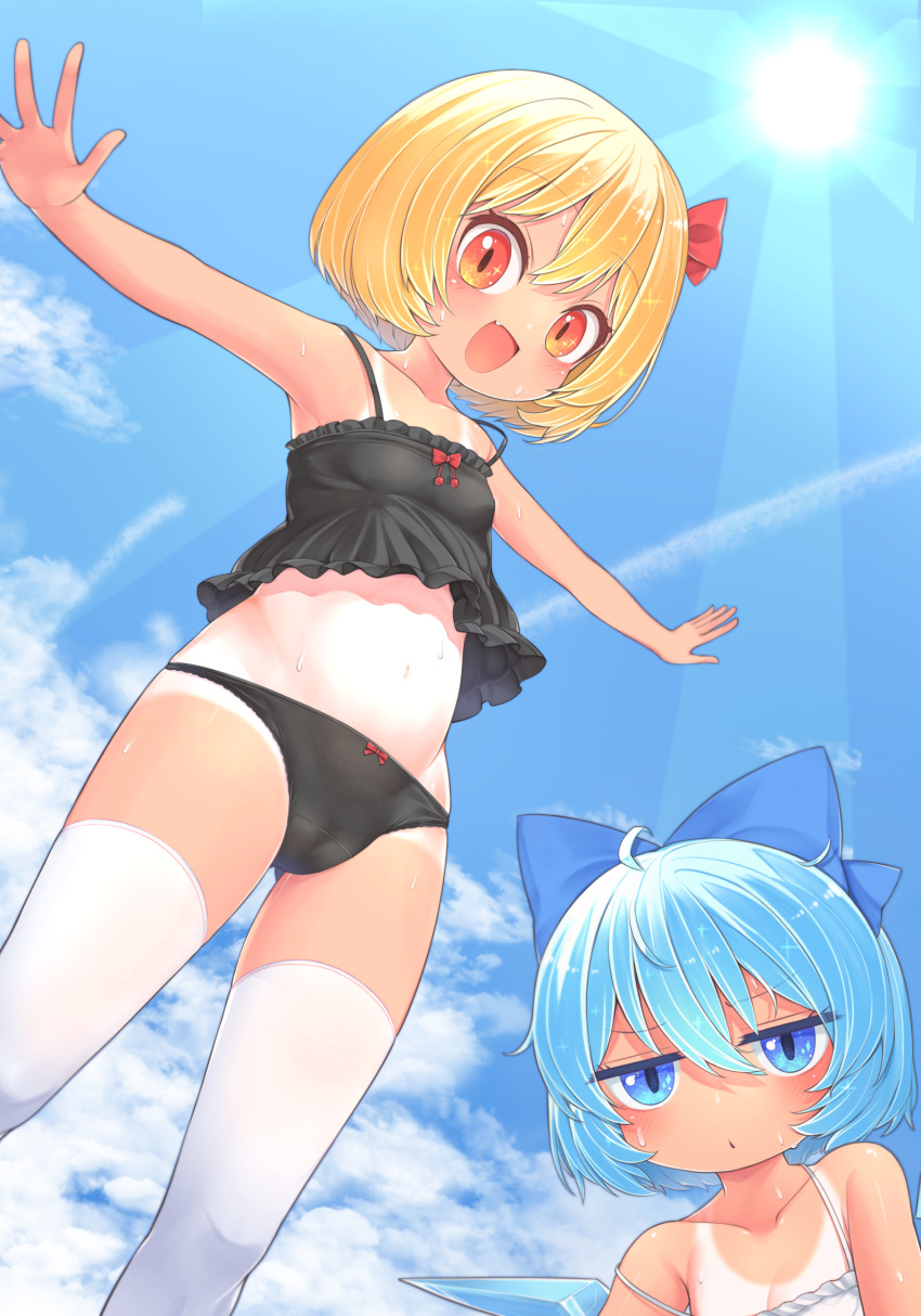 2girls :d absurdres black_camisole black_panties blonde_hair blue_bow blue_eyes blue_hair blue_sky bob_cut bow bow_panties camisole cirno closed_mouth cloud cloudy_sky commentary contrail crotch_seam day frown glaring hair_bow hair_ribbon half-closed_eyes harunoha highres ice ice_wings jitome lace-trimmed_panties lace_trim looking_at_viewer multiple_girls navel one-piece_tan open_mouth outdoors outstretched_arms panties red_eyes red_ribbon ribbon rumia sky smile spread_arms standing strap_slip sun sunlight sweat tan tanlines thighhighs touhou underwear underwear_only white_camisole white_thighhighs wings