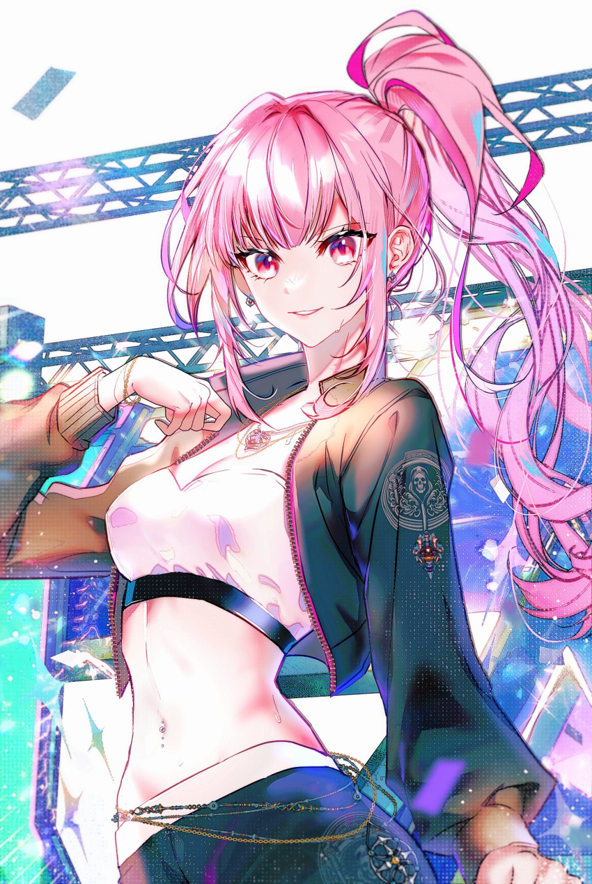 1girl alternate_costume black_jacket bracelet crop_top earrings eyelashes high_ponytail highres hololive hololive_english jacket jewelry long_hair looking_at_viewer mori_calliope navel navel_piercing necklace open_clothes open_jacket piercing pink_eyes pink_hair shirt sidelocks sowon stage_lights sweat virtual_youtuber white_shirt