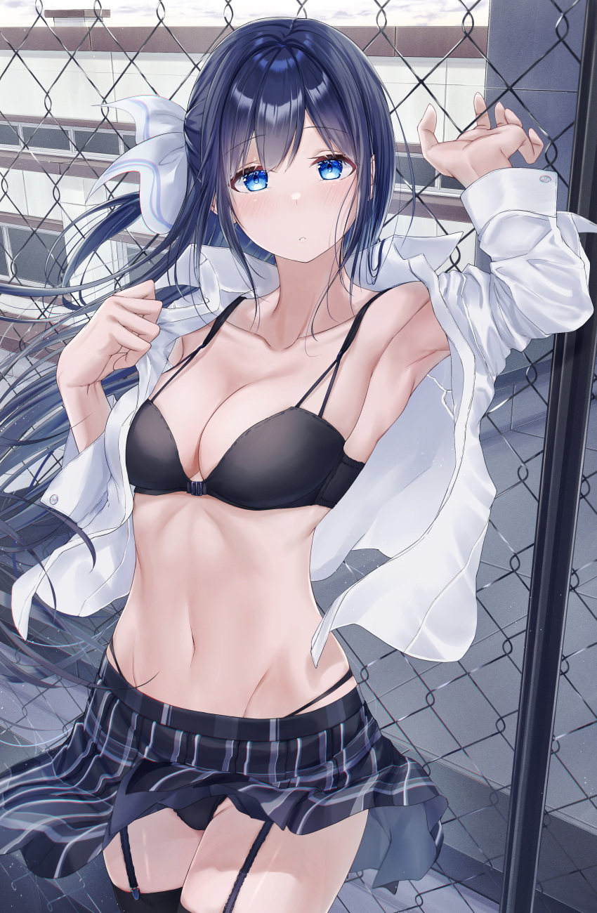 1girl absurdres arm_up armpits bangs black_bra black_hair black_panties black_skirt blue_eyes blush bra breasts chain-link_fence cleavage closed_mouth clothes_lift collarbone fence garter_straps hair_ribbon highres long_hair long_sleeves looking_at_viewer medium_breasts meen_(ouaughikepdvrsf) navel open_clothes open_shirt original panties plaid plaid_skirt pleated_skirt ribbon school school_uniform shirt skirt skirt_lift solo standing stomach underwear white_shirt wind wind_lift