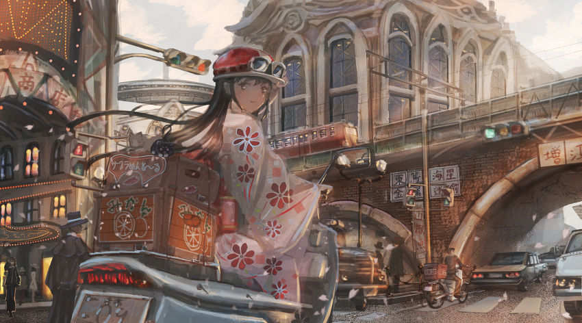 1girl black_cat black_hair brick_wall bridge building bus cat city commentary crosswalk falling_petals floating_hair floral_print helmet highres japanese_clothes kenzo_093 long_hair long_sleeves looking_at_viewer motor_vehicle obi on_scooter original people petals rear-view_mirror road sash scenery scooter shouwa sign solo_focus traffic_light train translation_request variant_set white_cat wide_sleeves window