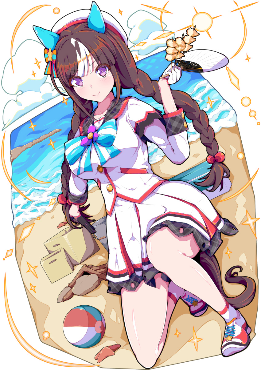 1girl absurdres animal_ears ball beachball beret black_hair breasts closed_mouth collarbone food full_body gloves hand_fan hat highres hokko_tarumae_(umamusume) horse_ears horse_girl horse_tail kan_lee large_breasts ocean paper_fan purple_eyes ribbon sand shoes simple_background smile solo sparkle tail thighs umamusume white_background