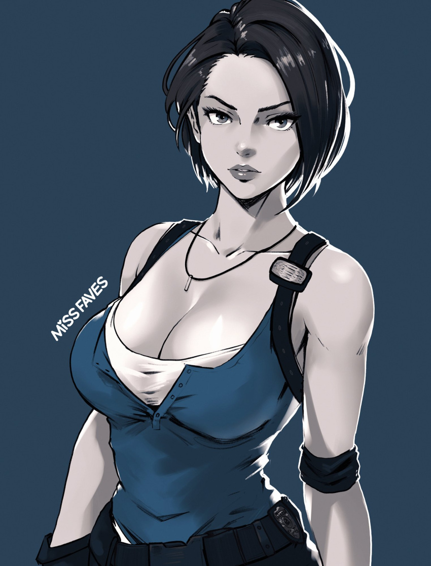 1girl artist_name belt black_hair blue_background blue_shirt blue_theme breasts cleavage forehead highres jewelry jill_valentine lips looking_at_viewer medium_breasts missfaves parted_lips pendant resident_evil resident_evil_3:_nemesis resident_evil_3_(remake) shirt short_hair solo upper_body