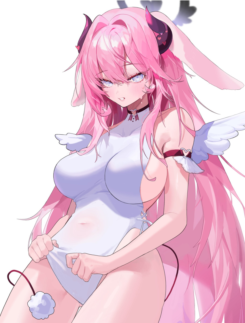 1girl animal_ears bare_hips blue_eyes breasts breasts_apart china_dress chinese_clothes choker covered_navel cowboy_shot dress dress_tug floppy_ears grin hair_between_eyes hair_intakes heart heart_choker highres horns jitome large_breasts long_hair looking_at_viewer messy_hair original pink_hair rabbit_ears rima_rima_ri sideboob sidelocks simple_background single_thighhigh smile solo tail thighhighs tsurime very_long_hair white_background white_dress white_thighhighs wings