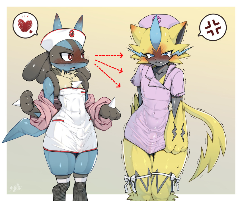 absurd_res anthro blue_body blue_eyes blue_fur blush bodily_fluids clothed clothing duo erect_nipples_under_clothes erection erection_under_clothing fishnet fishnet_legwear fur generation_4_pokemon generation_7_pokemon genitals heavy_blush hi_res legendary_pokemon legwear lucario male nintendo nurse_clothing nurse_uniform open_mouth penis pokemon pokemon_(species) red_eyes shaolin_bones simple_background spikes spikes_(anatomy) sweat tail uniform yellow_body yellow_fur zeraora