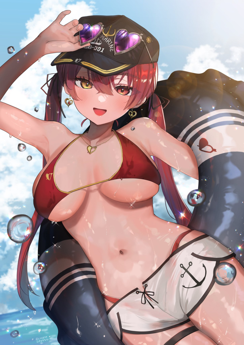 1girl anchor_print arm_up baseball_cap bikini black_headwear blue_sky blush breasts cloud colored_inner_hair commentary_request cowboy_shot day drop_earrings earrings eyewear_on_head hair_between_eyes halterneck hand_up hat heart heart-shaped_eyewear heart_earrings heart_necklace heterochromia highres hololive houshou_marine houshou_marine_(4th_costume) jewelry large_breasts long_hair looking_at_viewer micro_shorts multicolored_hair navel necklace ocean open_mouth outdoors red_bikini red_eyes red_hair shorts siose_tamotsu sky smile solo swimsuit thigh_strap twintails virtual_youtuber white_shorts yellow_eyes