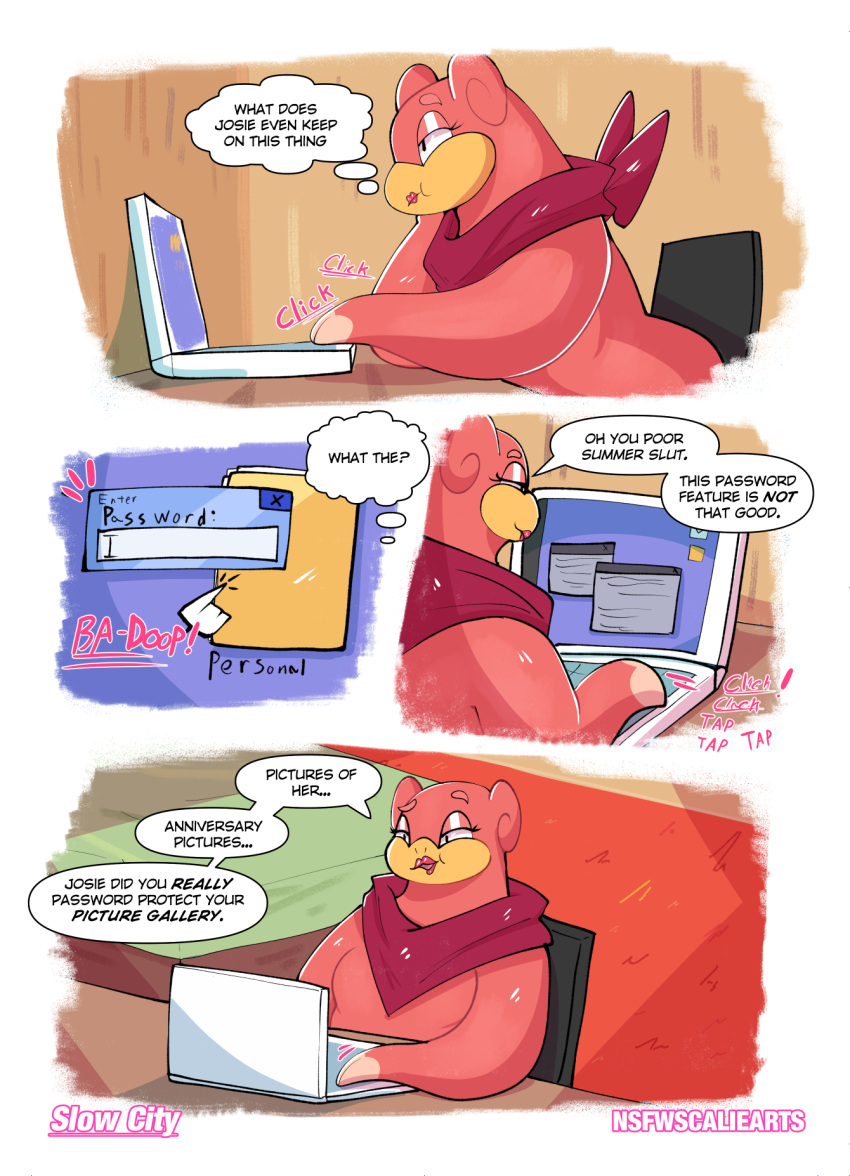 anthro clothing comic female generation_1_pokemon goopyarts hi_res leggings legwear mostly_nude nintendo pink_body pokemon pokemon_(species) slightly_chubby slowpoke tammy_(goopyarts) text thick_thighs thigh_highs wide_hips