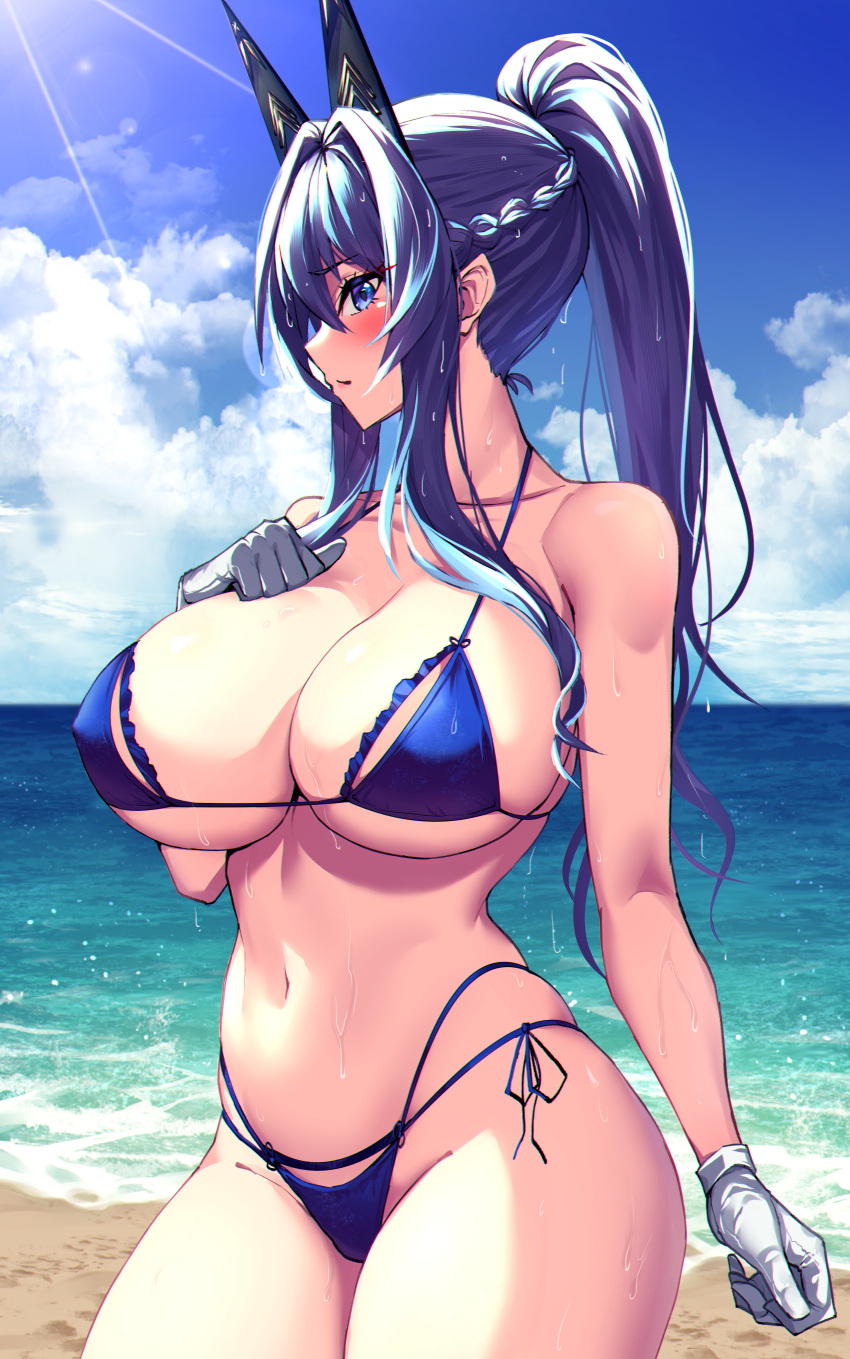 1girl absurdres bare_shoulders beach bikini blue_bikini blue_eyes blue_hair blue_sky blush braid breasts cleavage cloud collarbone commentary cowboy_shot day french_braid gloves goddess_of_victory:_nikke groin hair_between_eyes hair_intakes hand_on_own_chest helm_(aqua_marine)_(nikke) helm_(nikke) highres large_breasts long_hair looking_at_viewer no_jacket ocean outdoors ponytail profile samael_(5211) side-tie_bikini_bottom sidelocks sky solo standing stomach sunlight swimsuit thighs wet white_gloves